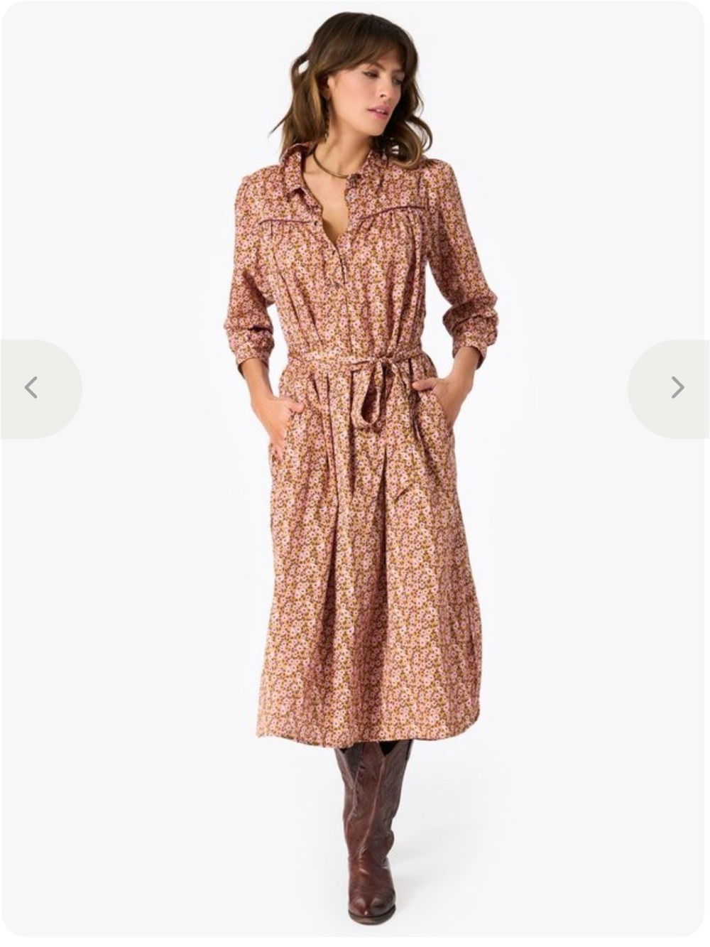 XiRENA Leah Dress —Rare Dusty Rose Floral Tie-Waist Midi Dress